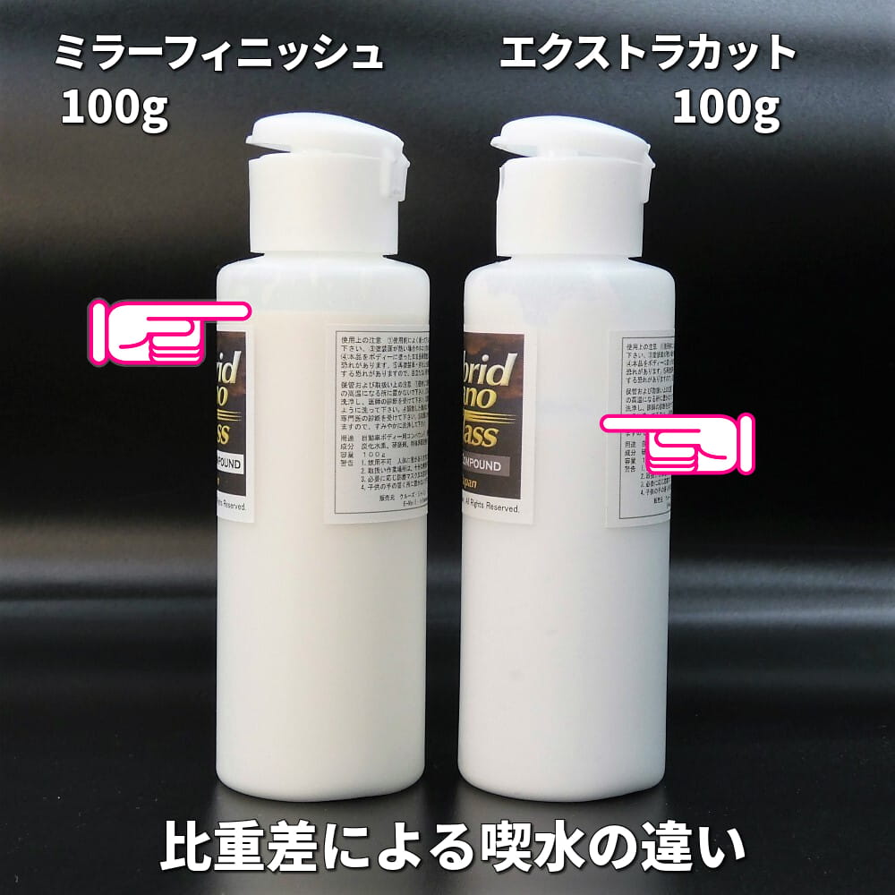 それぞれの磨き目的・特性にあわせて研磨剤の配合設計しているのでコンパウンドごとに比重は大きく異なってきます