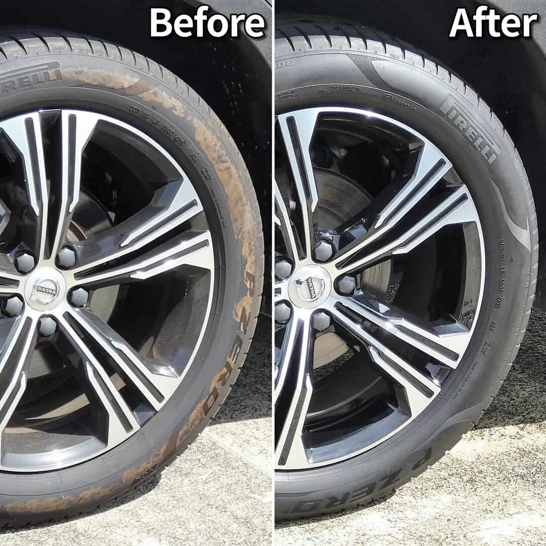 タイヤから染み出た保護成分で汚れた状態も、シャンプー洗車してからタイヤコーティングを施工すれば新品の美しさに復活し劣化から保護