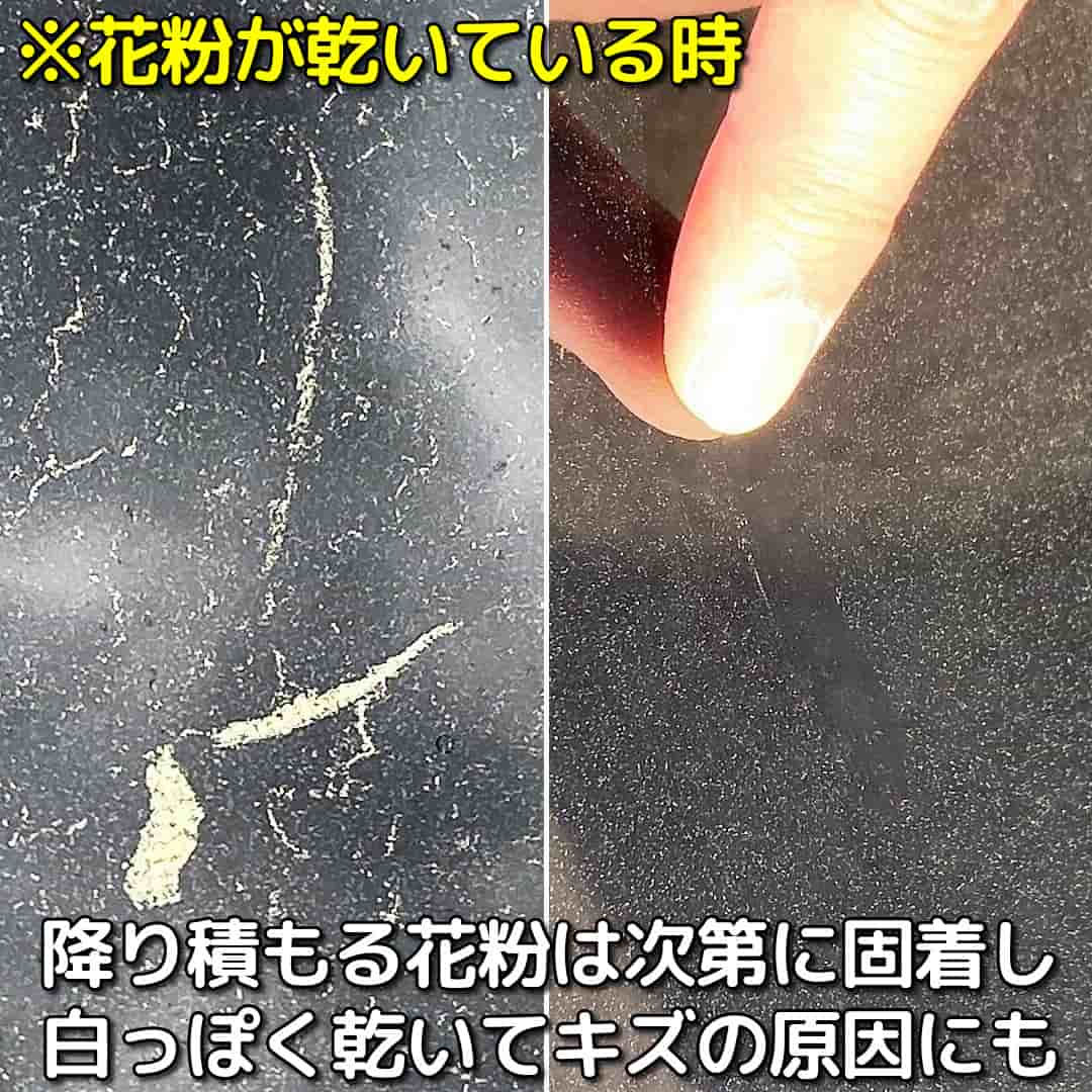 愛車に降り積もったばかりの花粉は比較的洗車でも落としやすいけど、次第に花粉が固着して白っぽく乾燥するとキズの原因にもなります