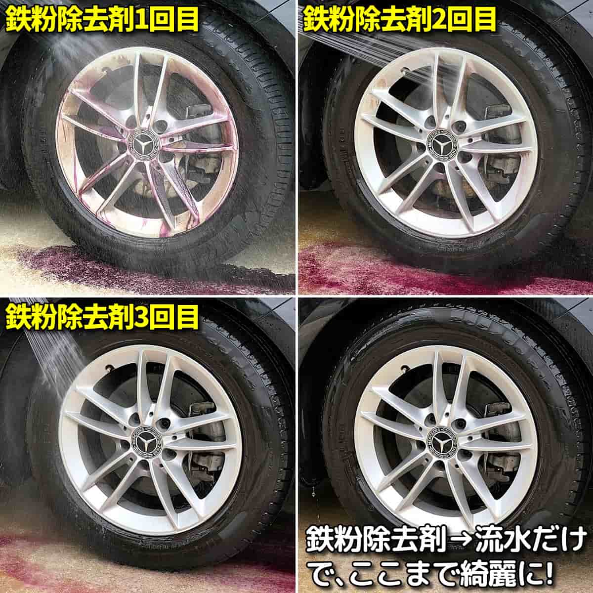 ブレーキダストで汚れたホイールに「鉄粉除去剤のスプレー→流水」を３回繰り返すだけでブレーキダストはここまで綺麗に除去