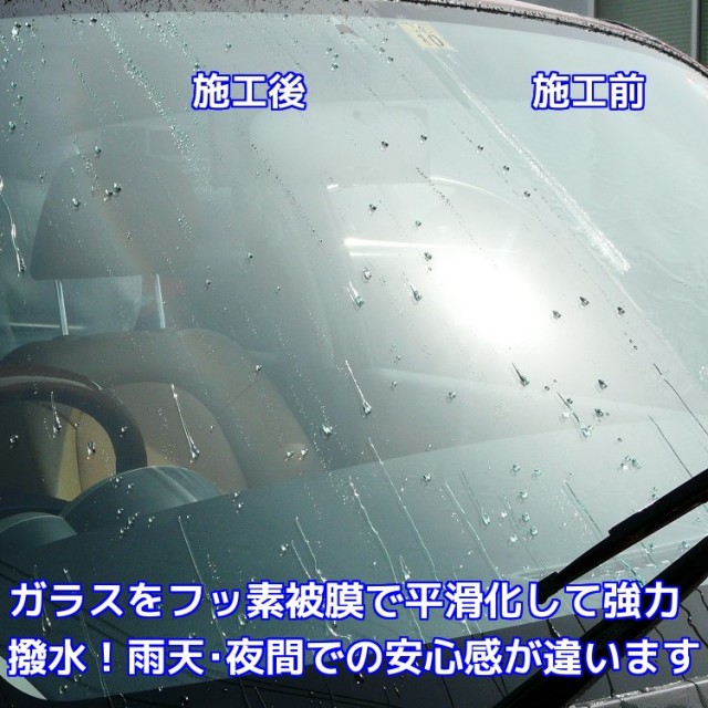 車のフロントガラスをフッ素コーティングで平滑化して強力に撥水する高耐久のスーパービュークリアは雨天・夜間の運転の安心感が段違い
