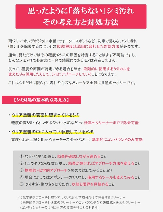 雨ジミ イオンデポジット 水垢 ウォータースポット 輪ジミなどのシミ汚れが思ったように除去できない場合の考え方と対処方法