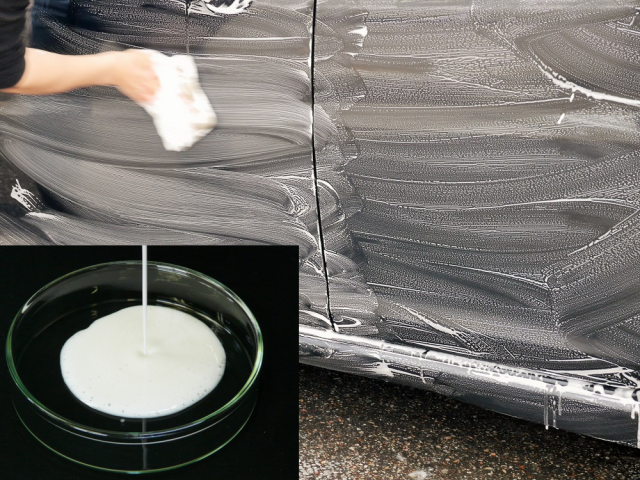 愛車の洗車ケアに最適なクリーナーシャンプー「クイックワン･シャンプー」は泡立ちと泡もちに優れるため少量でも広範囲の洗車が可能です