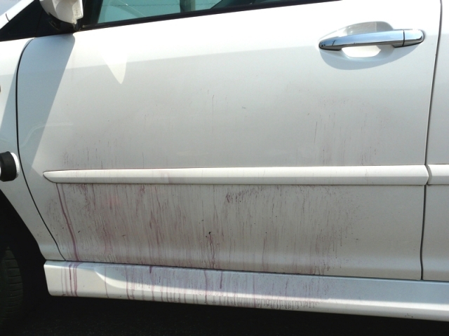 トヨタアルファードの塗装に刺さった目に見えない鉄粉も、鉄粉除去剤を吹き付けてみるとその多さにビックリ！